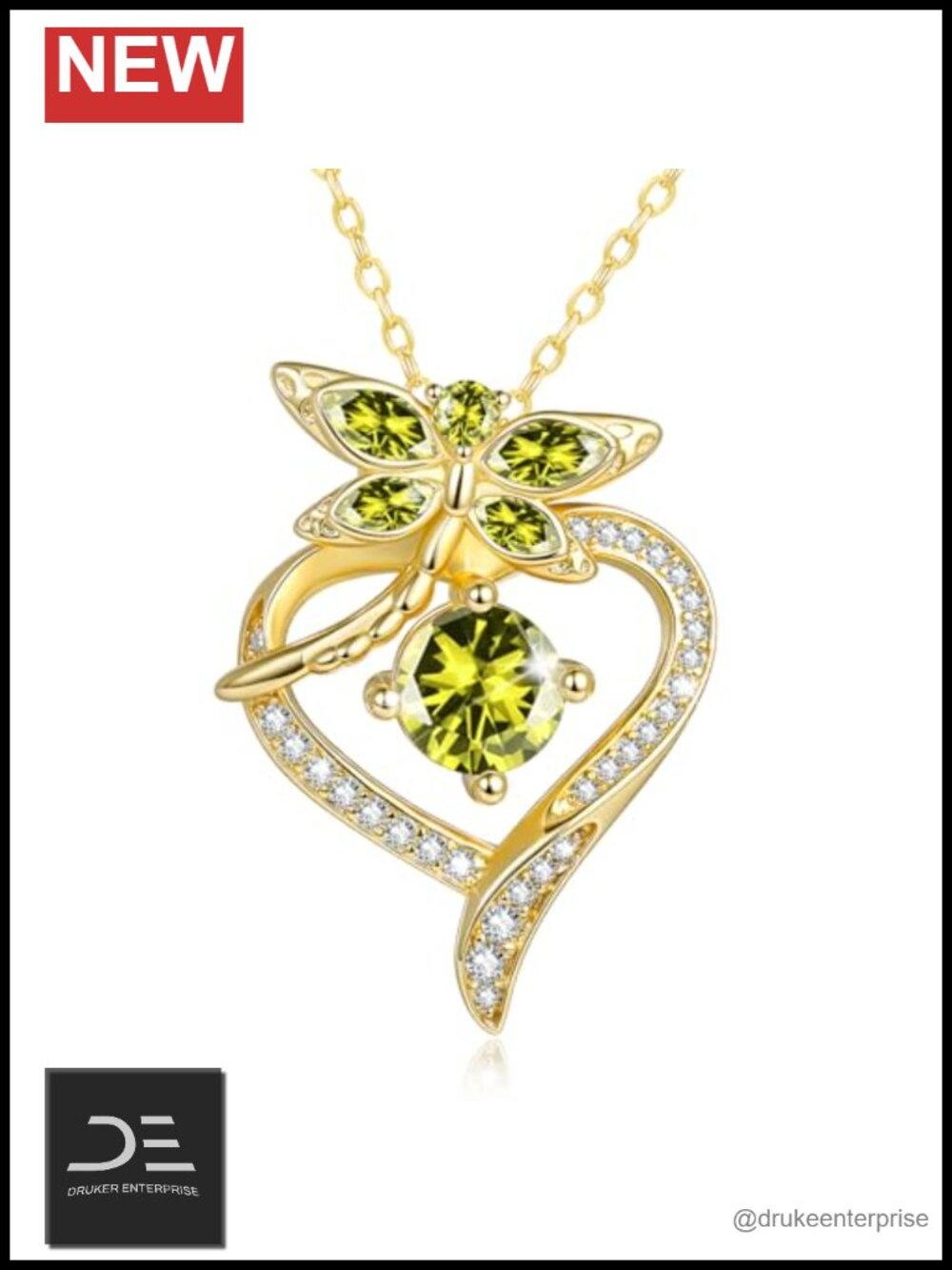 14K Gold Plated Dragonfly Heart Peridot Pendant Necklace Jewelry Gift for Women